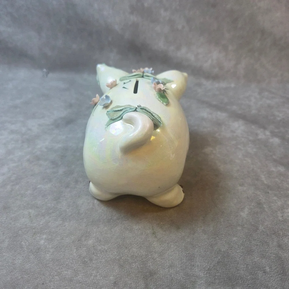 Vintage Iridesct. Ceramic Piggy Bank 3D Flowers Ribbon Lusterware Rhinestone Eye